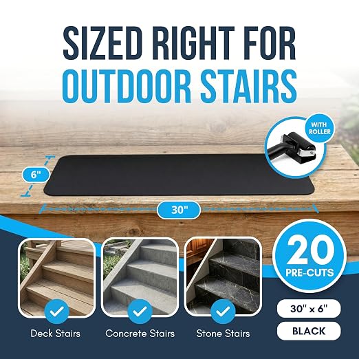 Outdoor Stair Treads Non Slip (20 Pack) - Black 30” x 6” Anti Skid Grip Tape, Heavy-Duty Waterproof Weather-Resistant Adhesive Strips for Exterior Steps