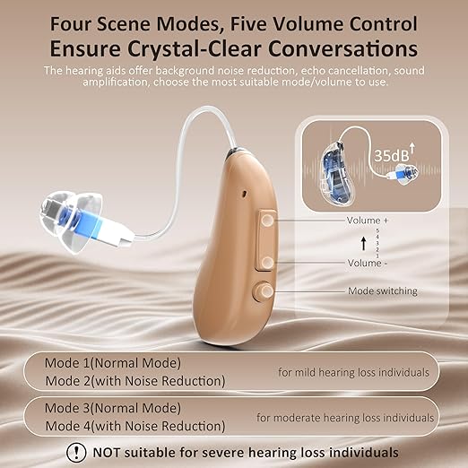 Hearing Aids Rechargeable Hearing Aids for Seniors with Moderate Hearing Loss, Hearing Amplifiers for Seniors with Noise Cancellation and Volume Control, Clear Sound Hearing Amplifiers, Beige
