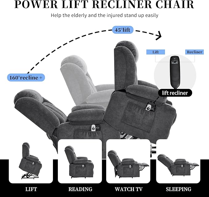 Power Lift Recliner Chair for Elderly with Massage and Heat, Recliner Chairs for Adults, Upgraded Fabric Reclining Sofa Chair with USB & Type-C Ports, L1288 (Dark Grey)