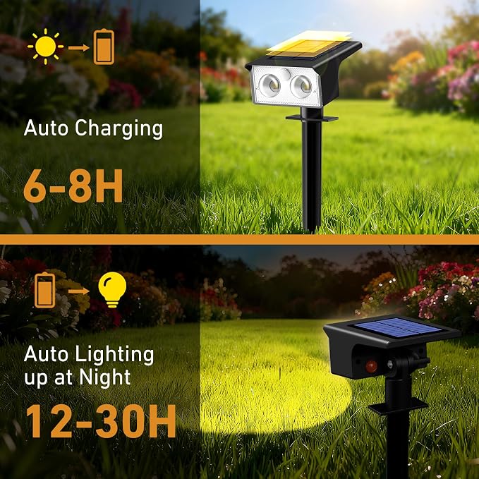 btfarm 4 Pack Solar Lights Outdoor Waterproof, Motion Sensor Outdoor Lights | 3 Modes Solar Powered Yard Garden Solar Spot Lights for Outside Pathway Landscape Lighting, Warm White