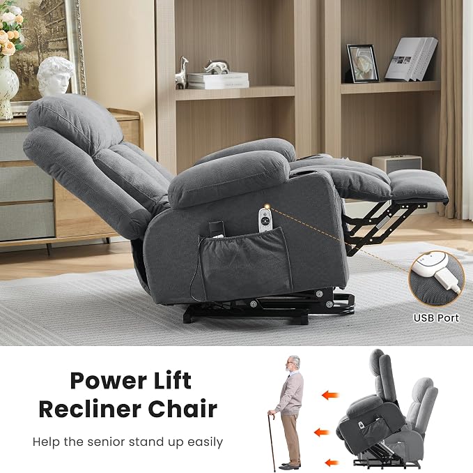 MAHOMICO Power Lift Recliner Chair for Elderly with Vibration Massage and Lumbar Heating Electric Oversized Single Sofa with Cup Holder and USB Charge Port for Living Room