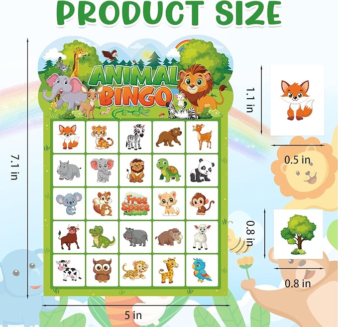 Animal Bingo Game for Toddler Adults, 24 Players Jungle Safari Animal Bingo Game Cards Birthday Party Bingo Cards for School Classroom Family Activities