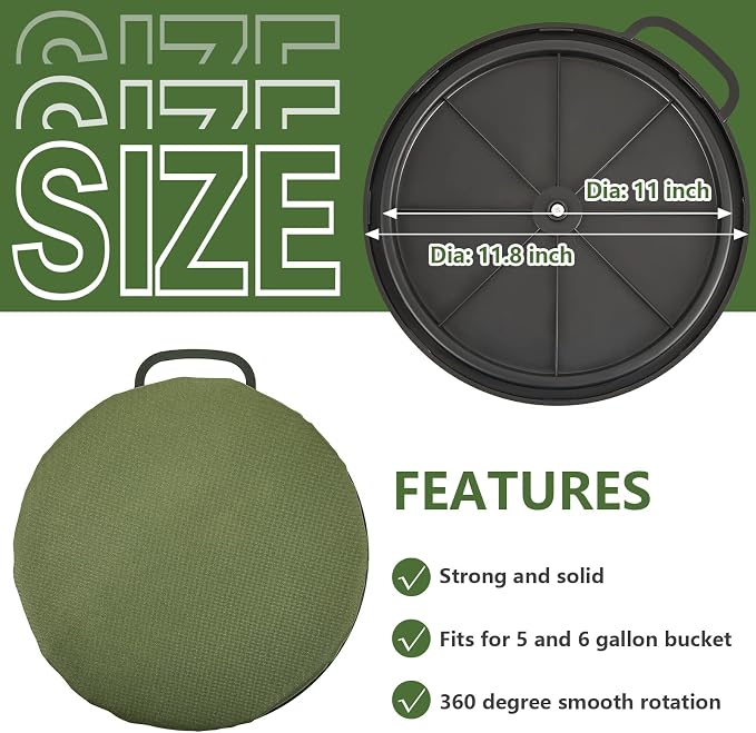 Lewtemi 2 Pcs 5 Gallon Bucket Seat 360 Degree Swivel Lid with 2" Thick Green Padded Cushion Lid with Waterproof Cover, Ideal for Winter Ice Fishing, Waterfowl Hunting, Camping and Outdoor Activities