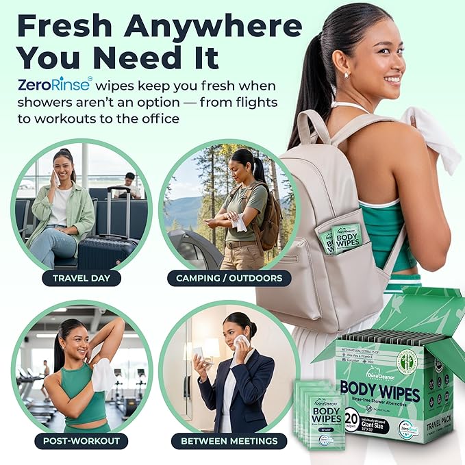 Travel Body Wipes for Women - 20 XL Shower Wipes for Adults Bathing No Rinse - Individually Wrapped 10”x10” Disposable Washcloths - Feminine Hygiene Essentials, Gym, Backpacking, Camping Must Haves