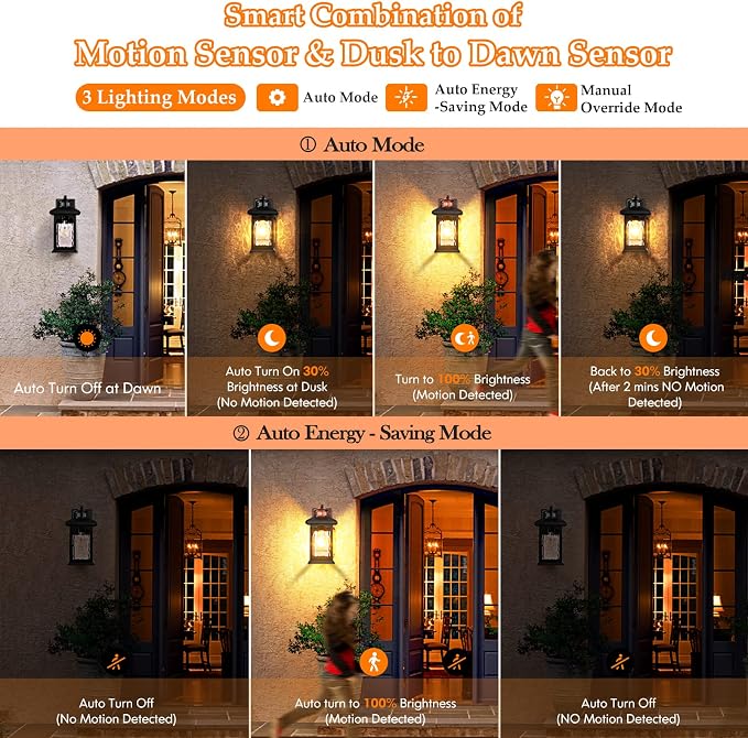FILIYANO Motion Sensor Outdoor Light Fixture, Dusk to Dawn, Black, 1 Pack | Anti-Rust, Waterproof Wall Mount Wall Lights for Outside, Tempered Glass Coach Lights for Front Door, Garage, Porch and Patio