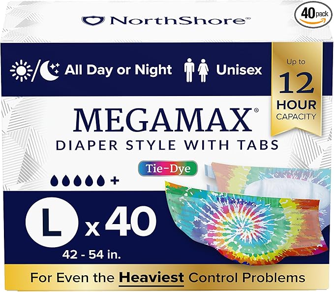 NorthShore MegaMax 12-Hour HBL Adult Diapers for Heavy Bladder Leaks, Large, 40 Count, Tie-Dye, 42-54 inches, Tab-Style Incontinence Underwear for Men, Women & Teens