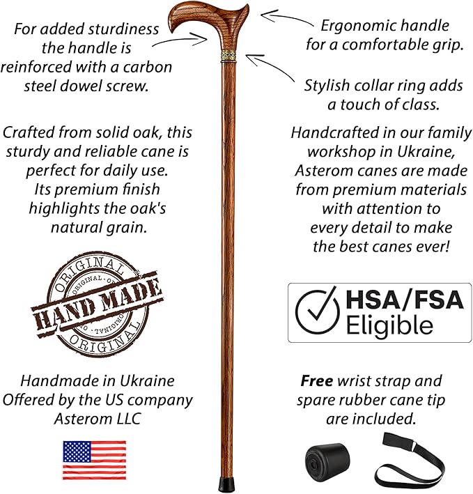 Asterom Walking Cane - Handmade, Ergonomic, Wooden - Canes for Men & Women - Walking Sticks for Seniors, Unique, Wood