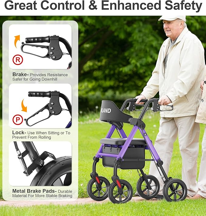 HOMLAND Walkers for Seniors with Seat, Foldable Rollator Walker, Reinforced Aluminum Frame, 8" Big Rubber Wheels for All Terrain, Height Adjustable Lightweight Rolling Walker