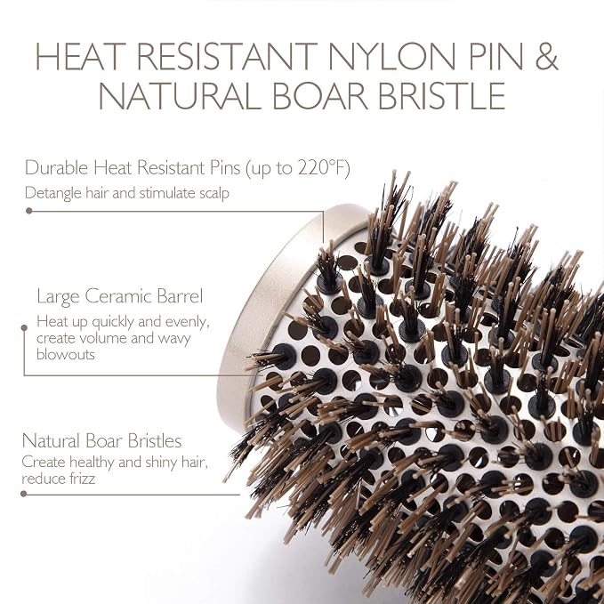 Baasha Hair Brush, Large 3 Inch Round Brush with Boar Bristle, Vented Ceramic Barrel, for Long Hair, Curly Hair, Salon Quality, 1 Count