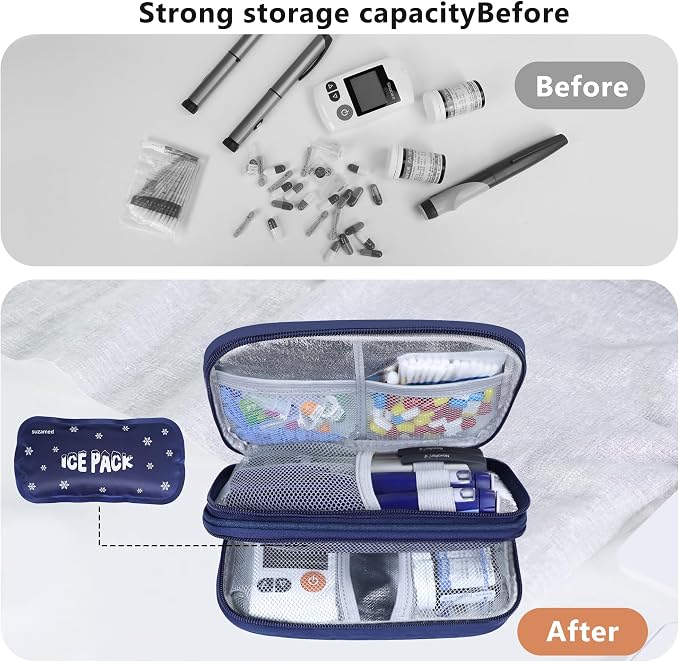 suzamed Insulin Cooler Travel Case, Double Layer Medicine Kit Diabetes Travel Case, Portable Medicine Organizer with 2Pack 150g Ice Pack TSA Approved for Insulin Pens Diabetic Supplies (Blue)