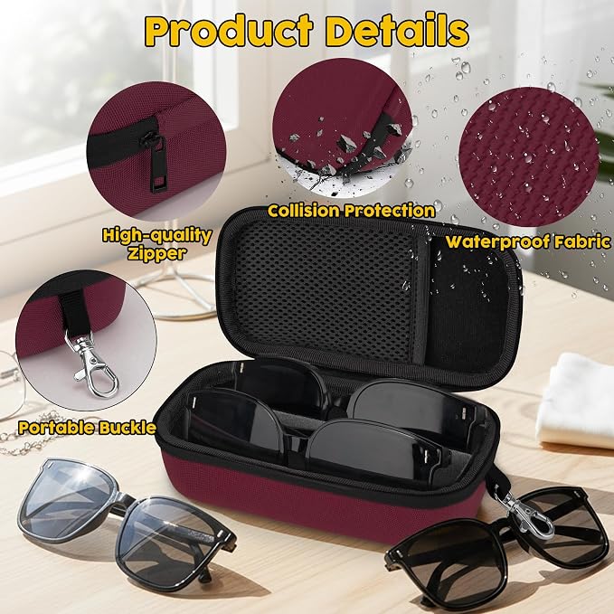 Double Eyeglasses Case,Hard Shell Glasses Case Travel Sunglasses Organizer with Adjustable Slot & Clip for Men Women