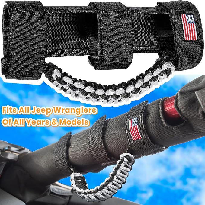 Roll Bar Grab Handles Grip Handle for Jeep Wrangler JK JKU JL JLU TJ YJ Sport Sahara Freedom Rubicon Unlimited Gladiator JT 1955-2023 UTV ATV Accessories Premium Paracord US Flag (Gray 2 Pack)