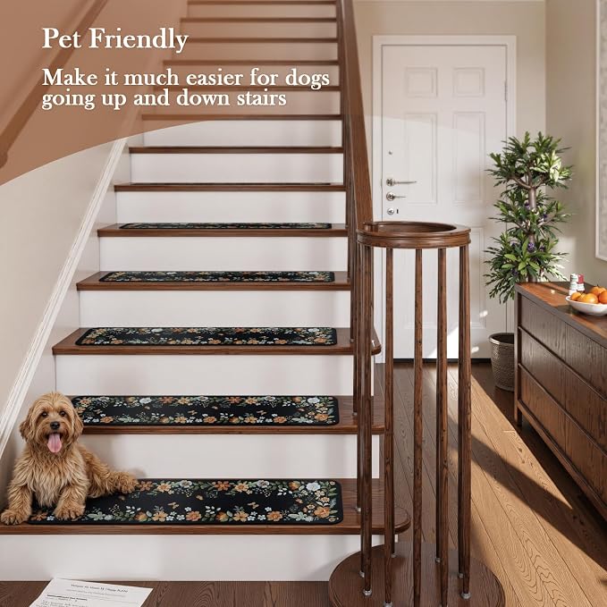 OJIA Stair Treads Non-Slip Carpet Stair Treads for Wooden Steps Indoor | 15PCS 30"x8" Floral Stair Runner Stair Mats Staircase Step Treads for Kids, Elders and Dogs, Stair Covers, Black