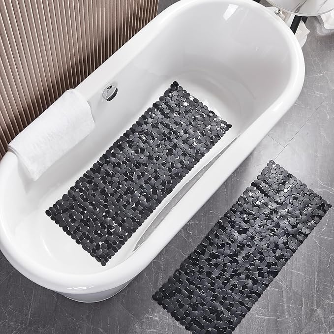 Bath Shower Mat Non Slip: Extra Large Pebble Bathtub mat for Families, Anti Slip Shower Matt with Drain Holes Suction Cups Tub Mat - 16 X 40 Inch Black