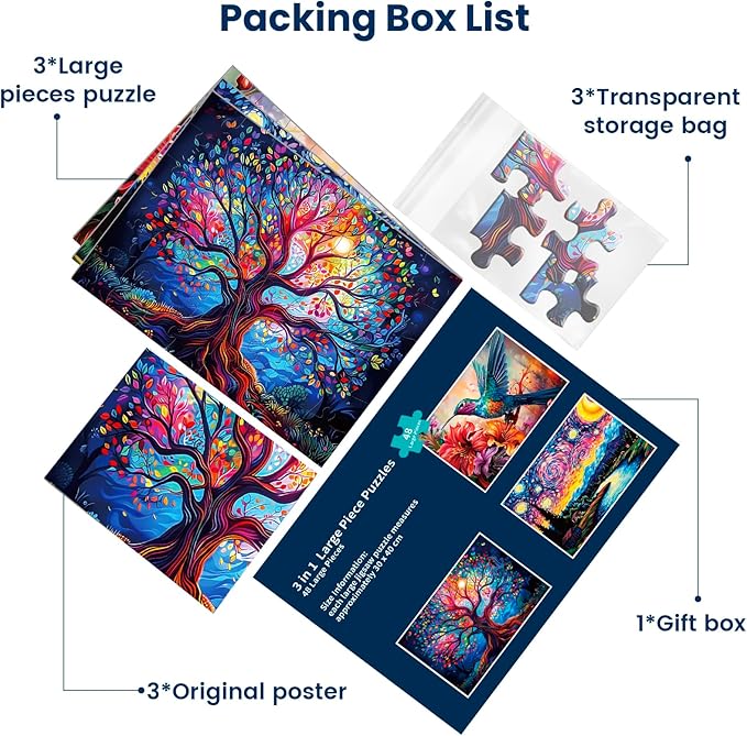 3 Packs 48 Large Piece Puzzle for Seniors - Dementia Puzzles for Elderly Adults,Alzheimer’s Puzzles Memory Cognitive Games for Elderly Seniors with 3 Storage Bags