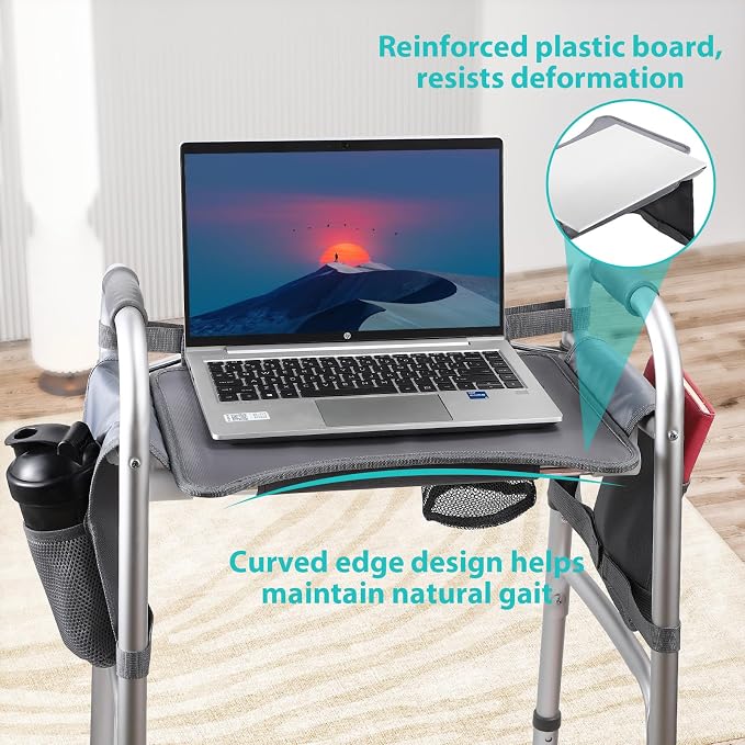 Walker Tray for Folding Walker, Non Slip Mobility Table for Seniors, Fits Most Standard Folding Walkers, Multi Functional Removable Tray, Portable Multipurpose Walker Accessories