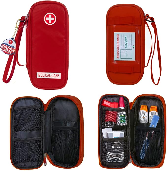Jayour EpiPen Medical Carrying Case Insulated, Travel Medication Organizer Bag Emergency Medical Pouch, Fits 2 EpiPens, Asthma Inhaler, Anti-Histamine, Auvi-Q, Allergy Medicine Essentials, Red