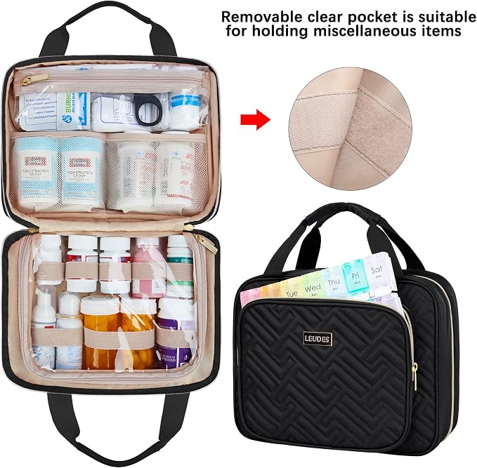 Leudes Travel Pill Bottle Organizer,Medicine Organizer and Storage,Home Medication Bag, Cases,Carrier for Pills,Vitamin,Fish Oil,Supplements for Women and Men (Medium, Black)