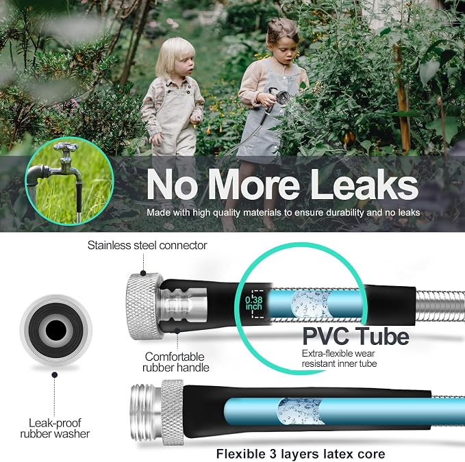 SPECILITE 200ft 304 Stainless Steel Metal Garden Hose with Nozzle | Puncture Resistant, Flexible, Never Kink & Tangle, Heavy Duty Water Pipe for Yard, Outdoor, Lawn