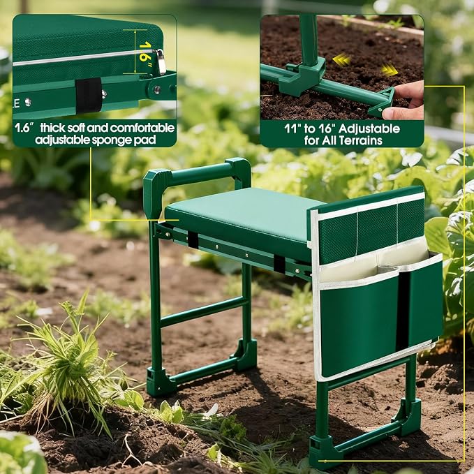 Garden Kneeler and Seat for Seniors: Heavy Duty 600 LBS Support Anti-Tip Multifunctional Gardening Stool Bench with Widened Thick Soft Kneeling Pad & Tool Bag - Foldable for Gardeners