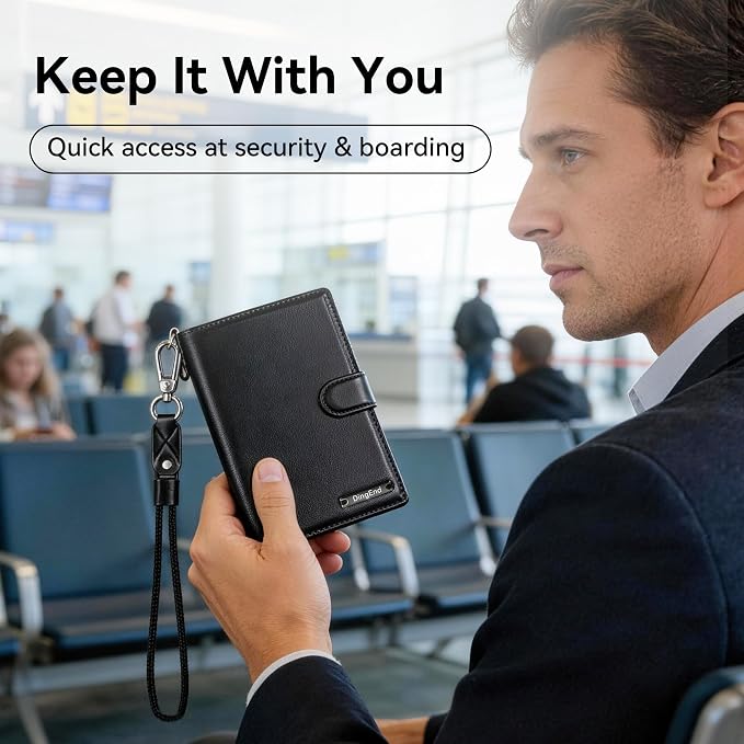 Trackable Passport Holder for Travel, RFID Blocking Wallet, Black | Rechargeable PU leather cover works with Apple Find My and is Apple MFi certified; it includes card storage and a lanyard.