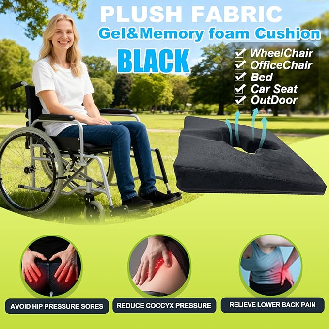Gel Wheelchair Seat Cushion,Bed Sore Cushions for Butt, Sciatica,Coccyx,Pressure Sore Cushion for Office Chairs&Car,Ulcer Pain Relief Butt Pillow,Removable&Washable Cover (Plush-Fabric Black)