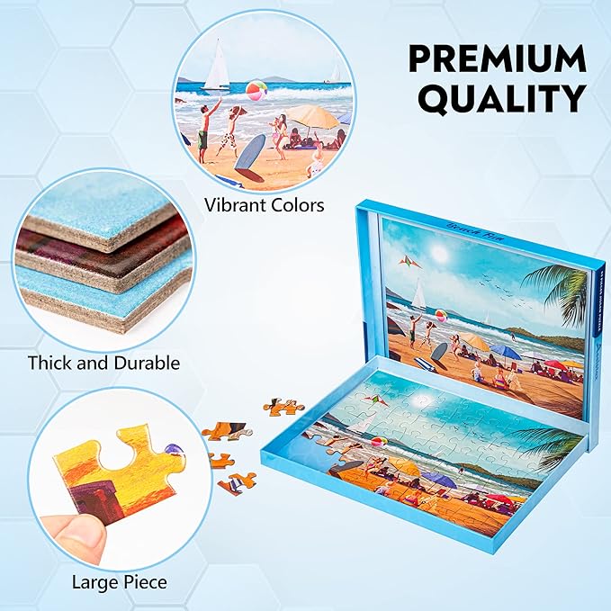 Assistex Large Piece Jigsaw Puzzle for Seniors with Dementia with Conversation Prompts, Large Piece Memory Game for Adults, Elderly, and Dementia Patients – Beach Puzzle, 63 pcs