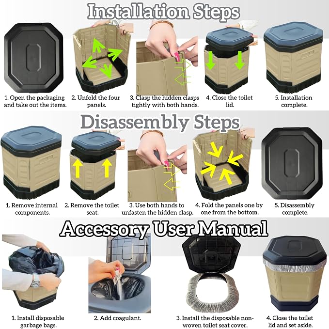 Upgrade Portable Toilet for Adults, Travel Floding Toilet with Lid for Adults & Kids, Camping Toilet Portable Potty for Hiking,Car,Beach and Camping (Khaki, Medium)