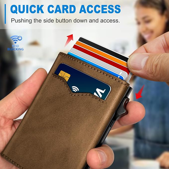 Wallet for Men,with Cash Pocket 2 ID Window 9-13 Cards,Metal Case Smart Slim Pop Up Credit Card Holder Flip with Magnetic Closure RFID Blocking Trifold wallet with Gift Box