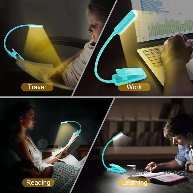 Gritin 9 LED Rechargeable Book Light for Reading in Bed | Eye Caring 3 Color Temps,Stepless Dimming Brightness,80 Hrs Runtime Small Lightweight Clip On Book Reading Light-Blue