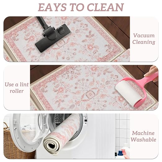 RORA Stair Treads Landing Mat, 30x30 Stair Landing Rug for Indoor | Non-Slip, Washable, For Wooden Steps, Floral Design, Stair Rugs Mat for Pets, Pink