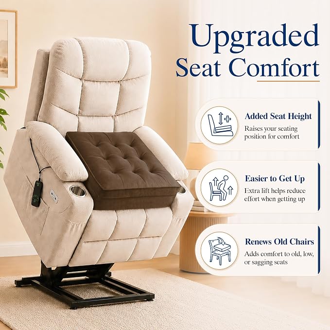 Allaboutsla Recliner Seat Cushion, 20x20x5 Lift Chair Cushion for Elderly | Comfy Dual-Layer Recliner Cushion Adds Height, Thick Recliner Cushion for Long Sitting, Non-Slip Chair Pad for Recliner Brown
