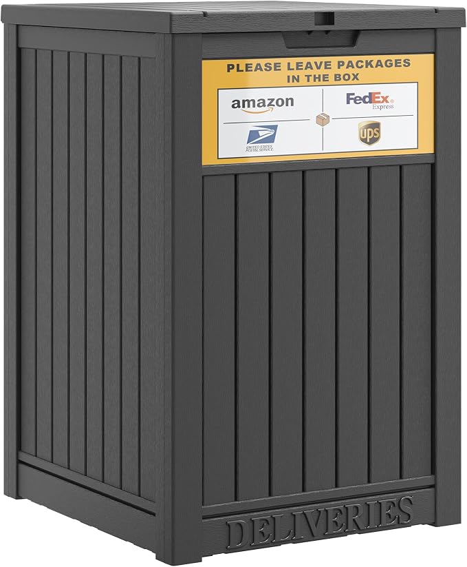 Package Delivery Box for Outside with Sign, Secure Lockable Waterproof Package Delivery Container, Resin Deck Box for Porch & Garden, Classic Black