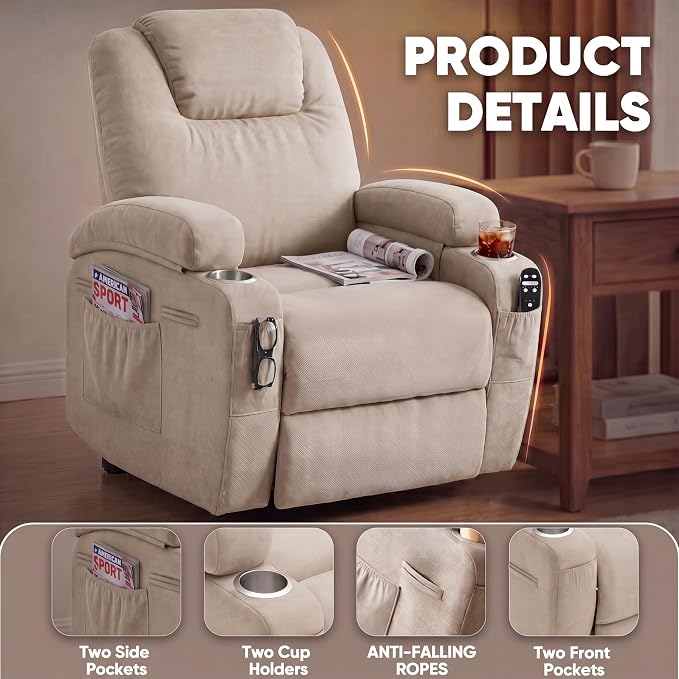 Flamaker Power Lift Chair Massage Recliner Chairs for Elderly | Ergonomic Lift Recliner Design with Cup Holders & Side Pockets, Remote Control (Beige)
