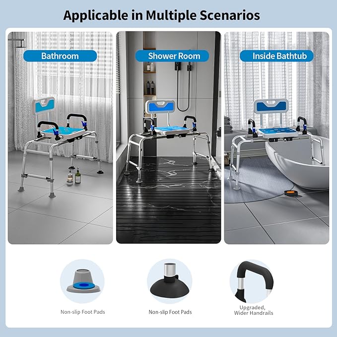 Sliding Shower Chair with Arms and Back, 500lbs Tub Transfer Benches with Non Slip Aluminum Body and Suction Cups Adjustable Height Bath Seats for Seniros Elderly Disabled or Bariatric Adults