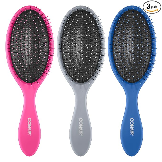 Conair Detangling Hair Brush Set, Wet or Dry Hair, 3-Pack | Ideal wet hair brush or dry hair brush on all hair types, ball-tipped bristles & paddle-brush design gentle detangle strands