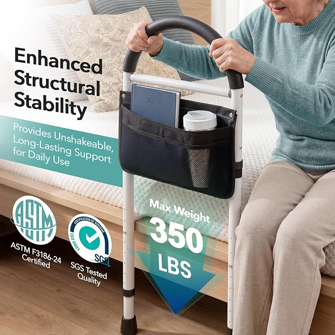 HOMENURSE Bed Rails for Elderly Adults Safety, Motion Sensor Light, 350lb | ASTM Approved, Tool-Free Bed Cane, Non-Slip Handle & Feet, Adjustable Height Fits 12.7"-20.7" Bed Frame, King Queen Full Twin