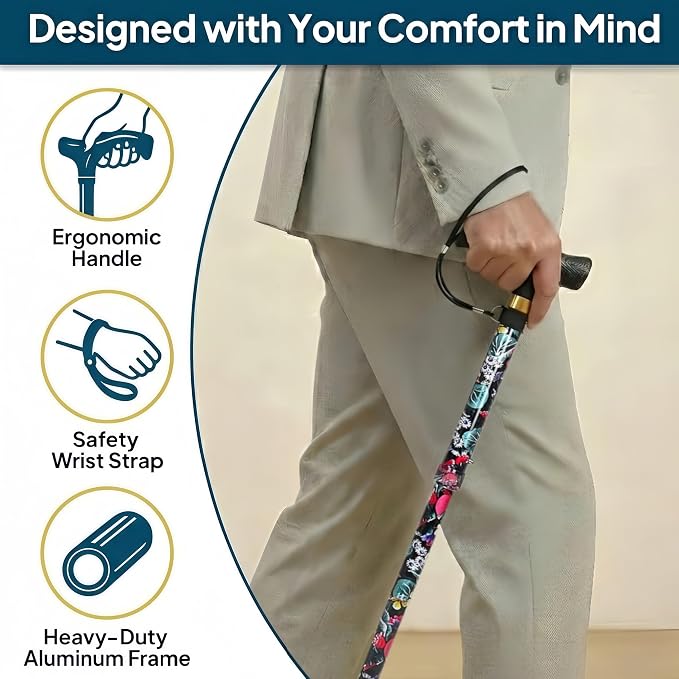 Walking Cane with LED Light, Foldable,Adjustable, Self Standing Walking Canes for Men & Women,Walking Sticks with Quad Base for Seniors & Adults
