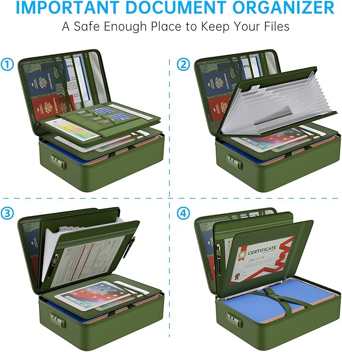 ENGPOW Fireproof Document Organizer Bag with Lock ＆ Accordion File Folder | 5200℉ Multi-Layer File Organizer Box with Lock ,Heat Insulated, Water Resistant, Safe Storage for Home Office Travel,Green