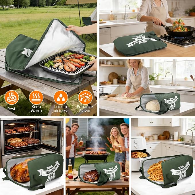 Upgraded BBQ Blanket for Resting Meat -Smoker Accessories Insulated Meat Resting Bag with Wide Mouth for Brisket/Steak/Pork Shoulder/Turkey - BBQ Accessories Grilling Gifts for Men (Green, 23inch)