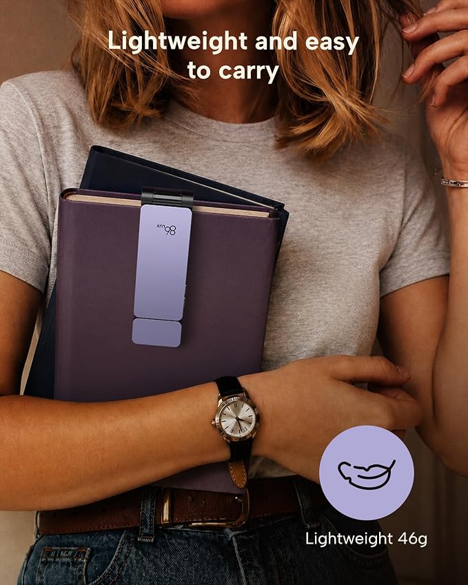 86lux Book Light, Rechargeable Clip-On LED Reading Light for Bed | 3 Color Temperatures with Stepless Dimming, Ultralight Bookmark Design for Book Lovers, Purple