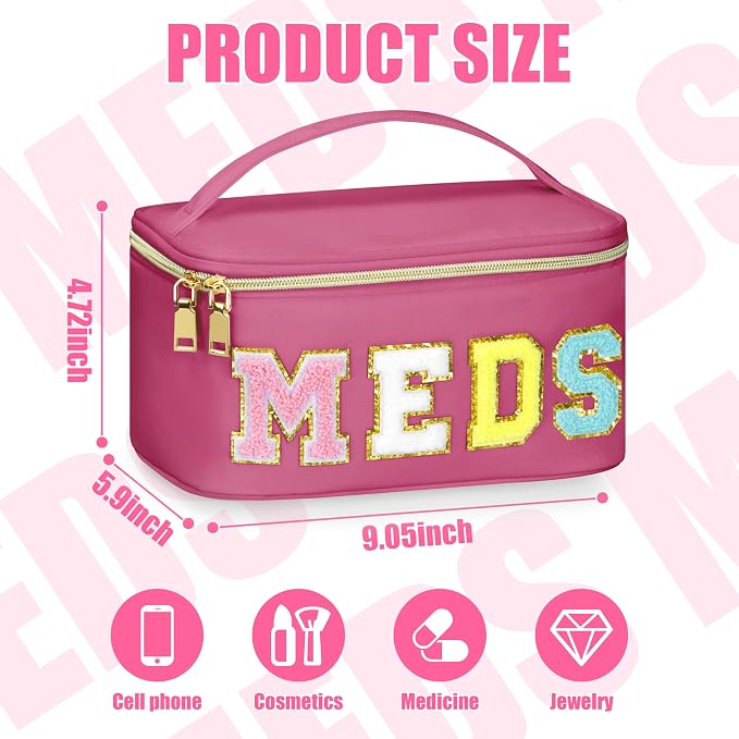 BuyCard Medicines Chenille Letter Bag Nylon Meds Makeup Pouch Preppy Path with Zipper and Handle Cosmetic Toiletry Storage Purse for Women Rose Red