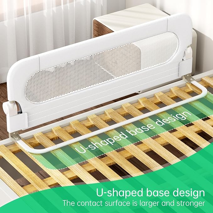 UPGOGO Folding Bed Rail for Toddlers, White, 59" L x 23.6" H | U-shaped base，Reinforced Anchors, Built-in Sponge , Secure lock