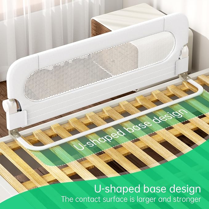 UPGOGO Folding Bed Rail for Toddlers, White, 43" L x 23.6" H | U-shaped base，Reinforced Anchors, Built-in Sponge , Secure lock