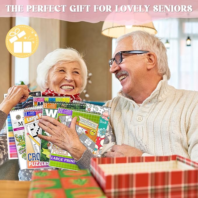 Vashly Large Print 350+ Memory Activities for Seniors: 6-In-1Set Brain Exercise Books with Sudoku, Crossword, Word Hunt & Coloring Books, A4 Spiral Bound, Includes 24 Markers, Gift for Elderly Adults