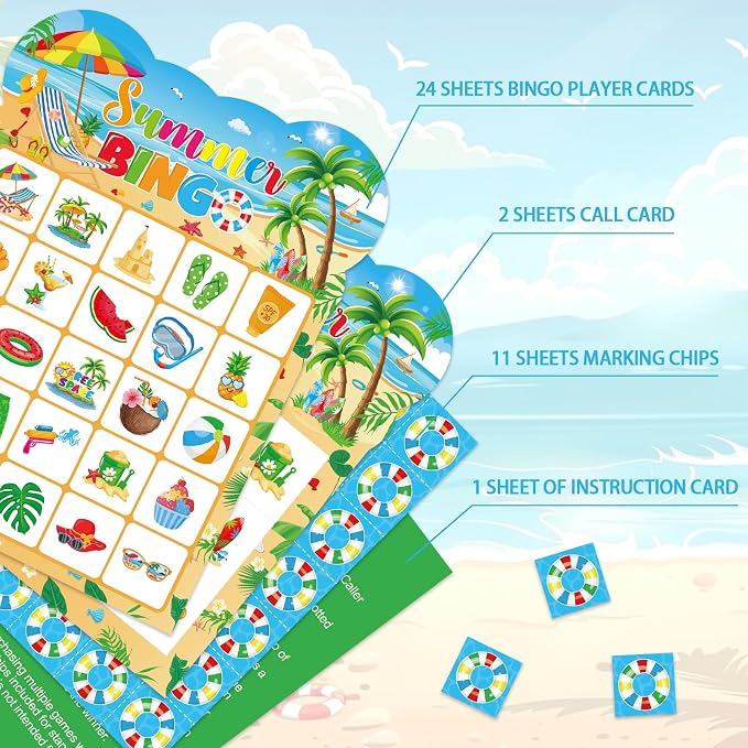 Summer Bingo Cards, 24 Players Beach Party Bingo Game Cards Summer Party Games for Birthday Holiday Party Wedding School Classroom Group Activities Favors Supplies