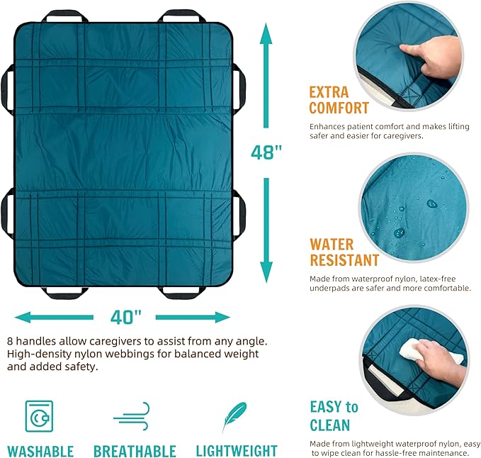 Upgraded 3-Layer Comfort Positioning Bed Pad with Handles Washable Waterproof Transfer Board for Turning Moving Patient Inconvenience Care Transfer Sheet, 48" x 40", Large, Ocean Teal