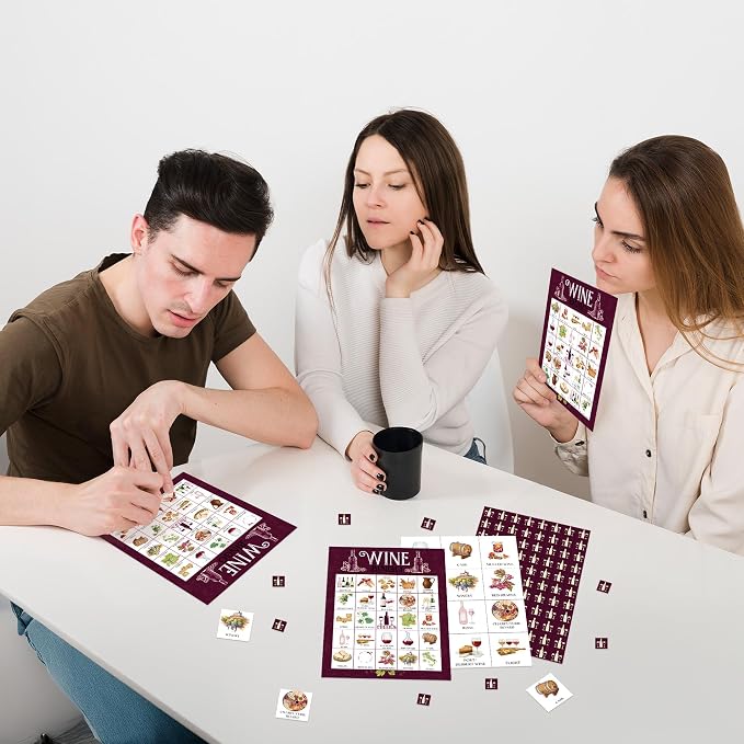 Wine Bingo Game Cards, Tasting Bingo Set for Adults Large Group, Winery Themed Fun Games, Wine Tasting Bridal Shower Party Activities, Icebreaker Games for Family Friends -24