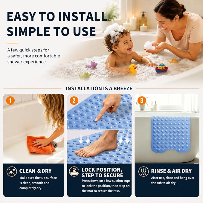 Yimobra Non Slip Bathtub Mat 40 x 16 Inch, Extra Long Shower Mat with Drain Holes, Machine Washable Baby Bath Mats, Strong Suction Cups for Bathroom Floor, Blue