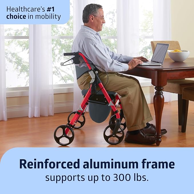 Medline Rollator Walker with Seat, FSA/HSA Eligible Rollator Walker for Seniors, 8” Wheels, Memory Foam Seat, Folding Rollator, 300 lb Capacity, Cupholder, Microban* Protection, Red